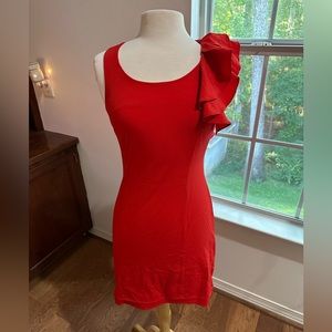 Red Sleeveless Dress with Shoulder Ruffle